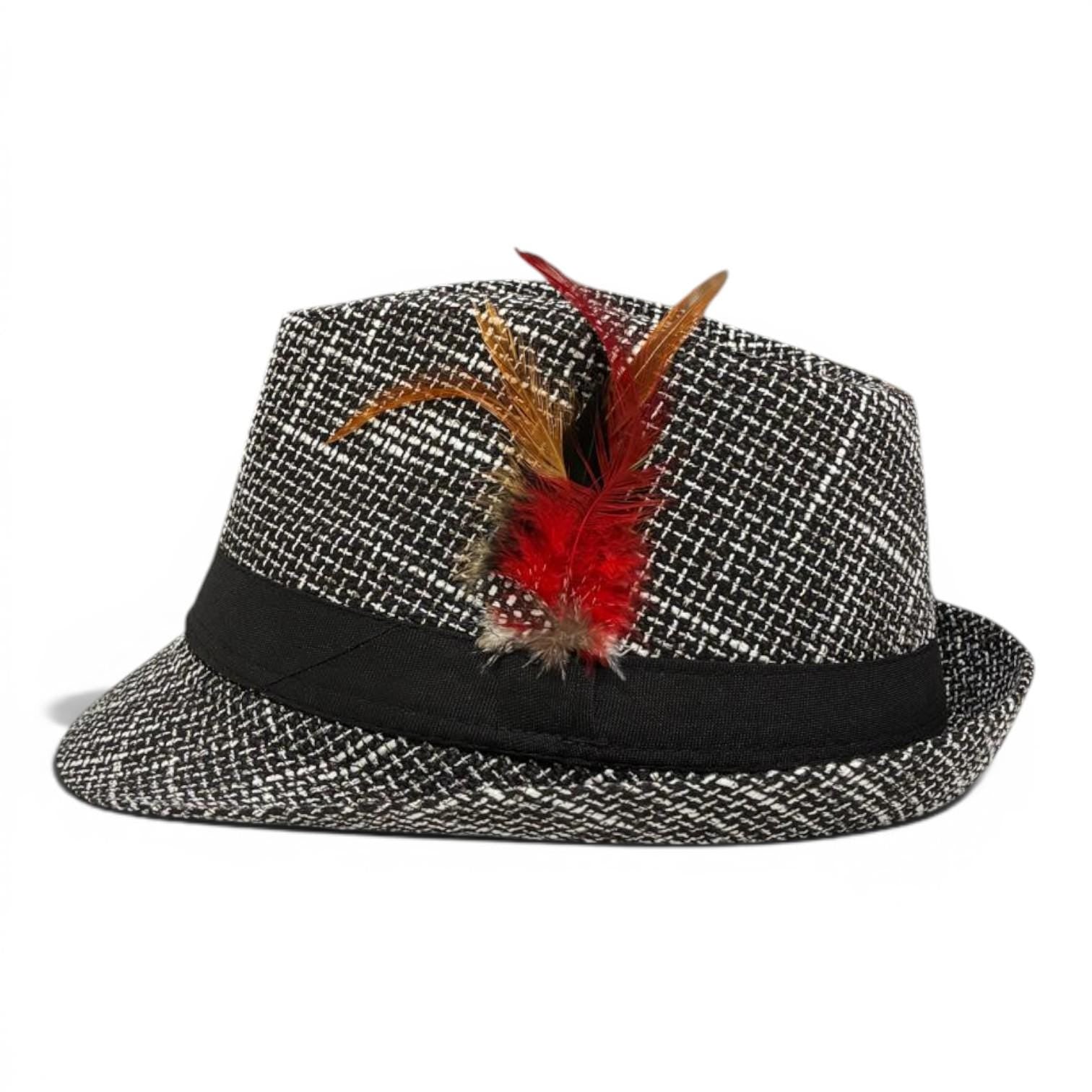 Black White Tweed Fedora Hat | Feather Accent Trilby, Vintage Inspired Fashion
