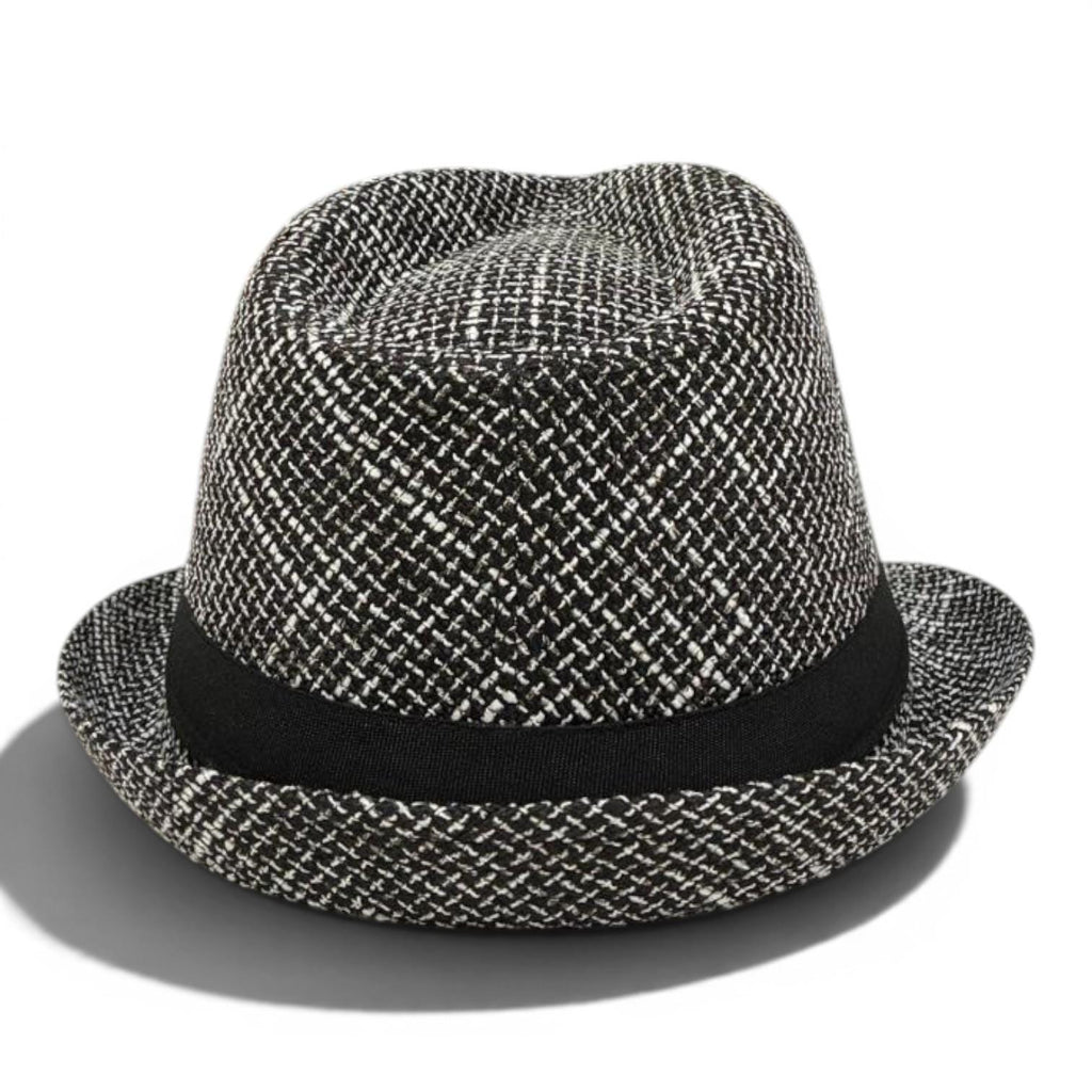 Black White Tweed Fedora Hat | Feather Accent Trilby, Vintage Inspired Fashion