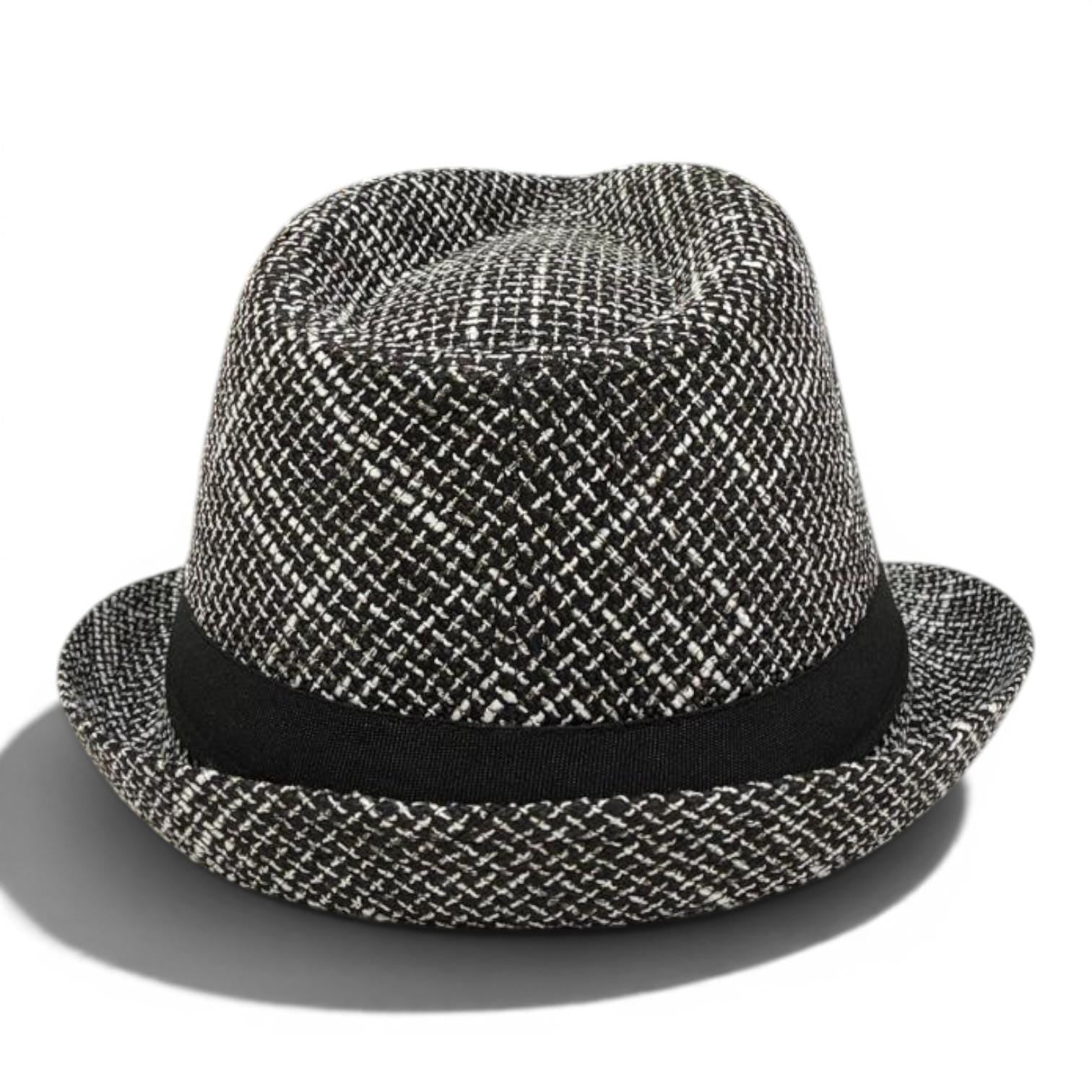 Black White Tweed Fedora Hat | Feather Accent Trilby, Vintage Inspired Fashion