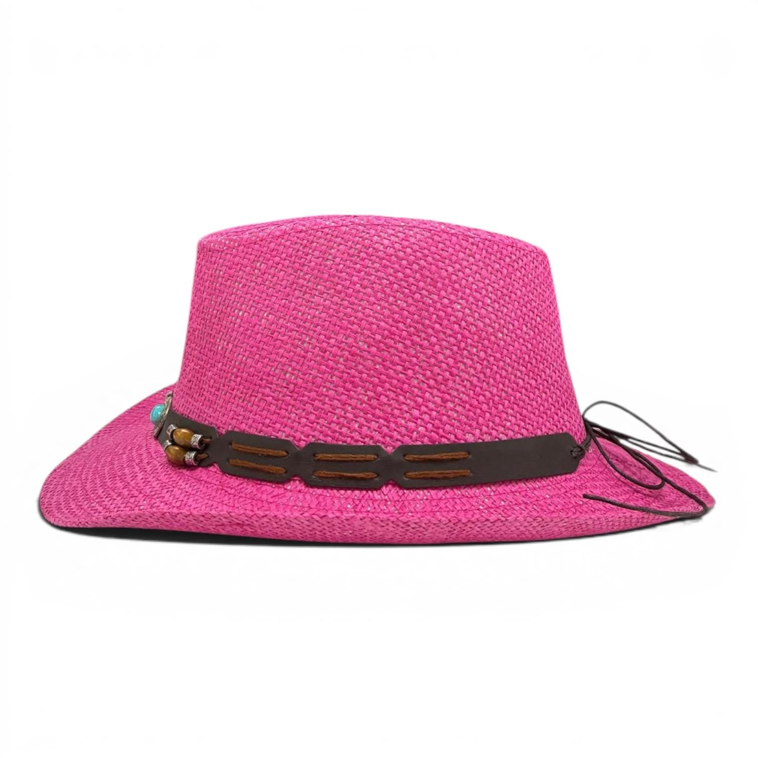 Hot Pink Straw Cowboy Hat | Turquoise Concho Western Band, Wooden Beads