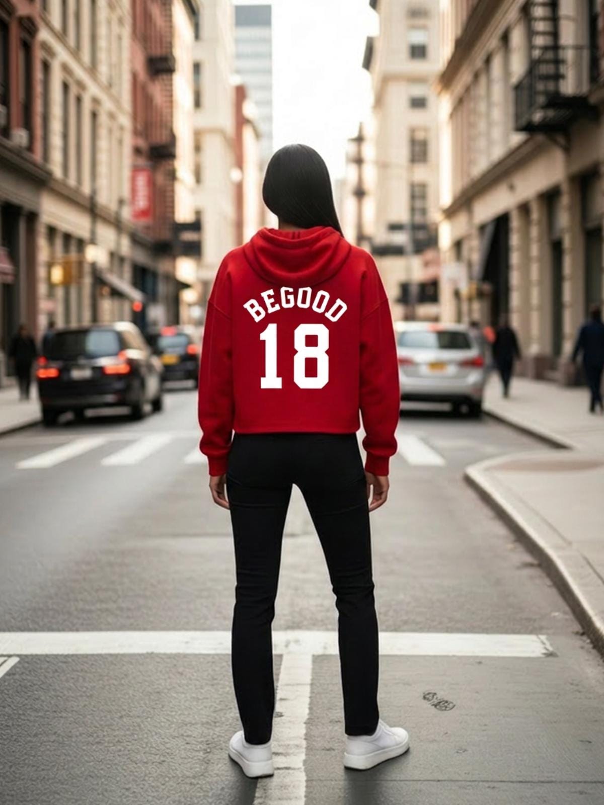 BeGood 18 Cropped Hoodie | Oversized Varsity Back Print Sweatshirt | Streetwear Pull