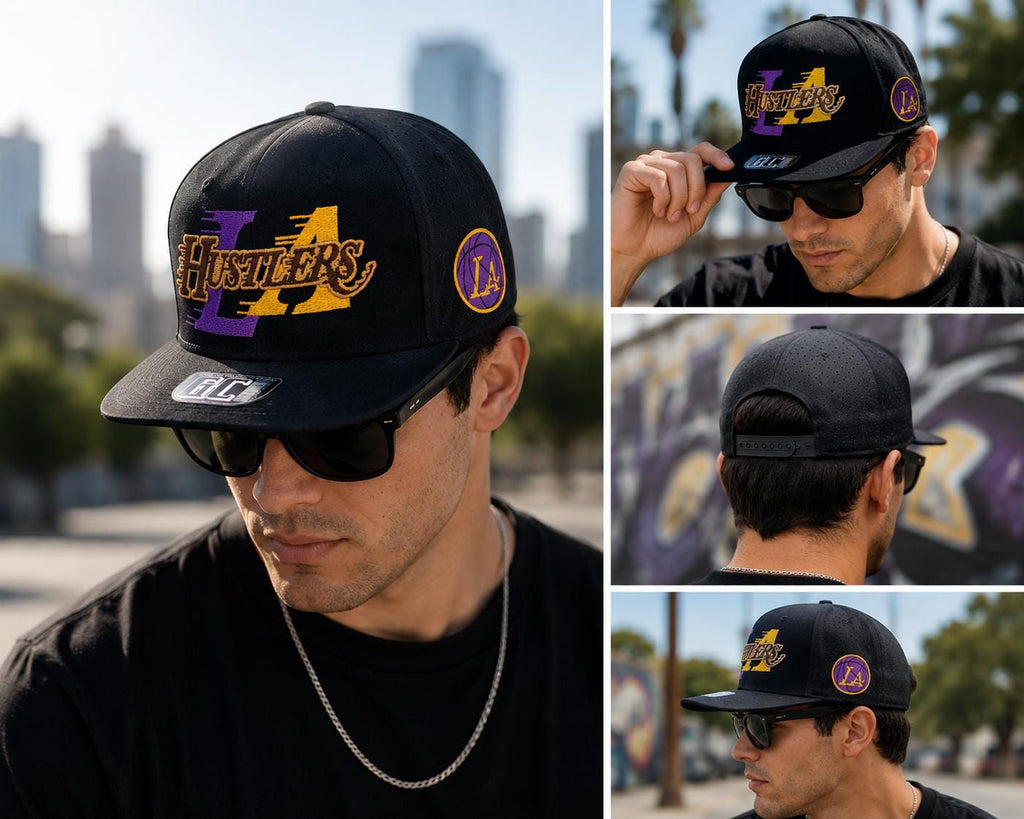 Vintage LA Hustlers Snapback Hat, Embroidered Basketball Cap, Purple Gold Streetwear