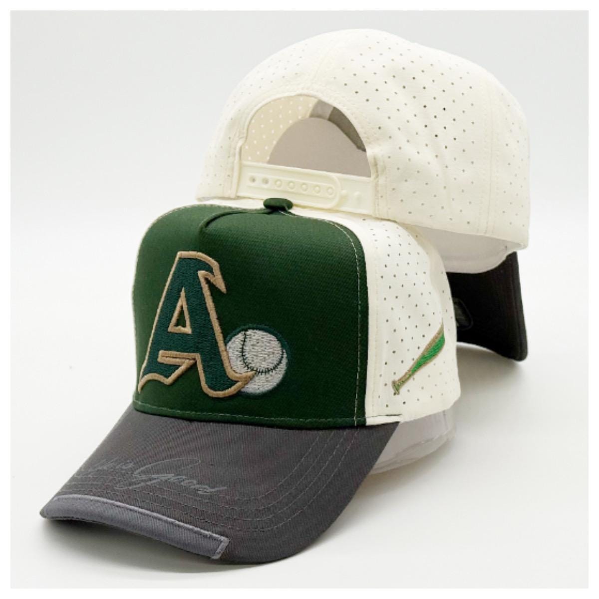 Vintage A's Baseball Snapback Hat, Green Cream Performance Cap, Embroidered Athletics Logo