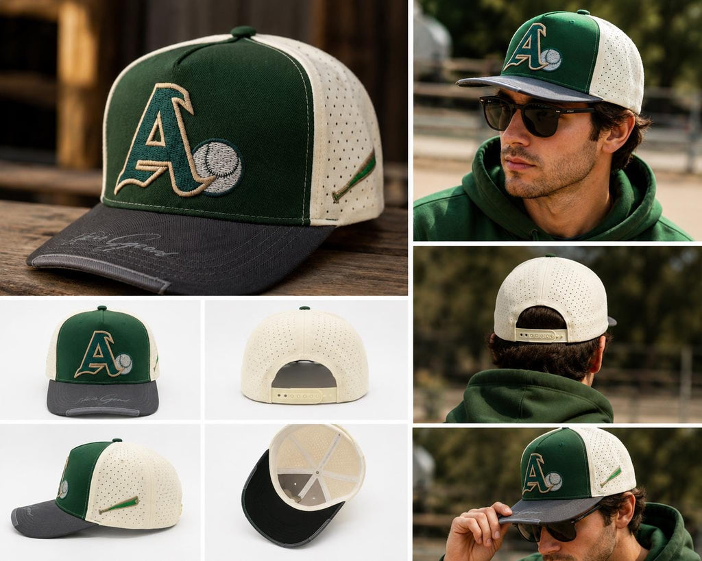 Vintage A's Baseball Snapback Hat, Green Cream Performance Cap, Embroidered Athletics Logo
