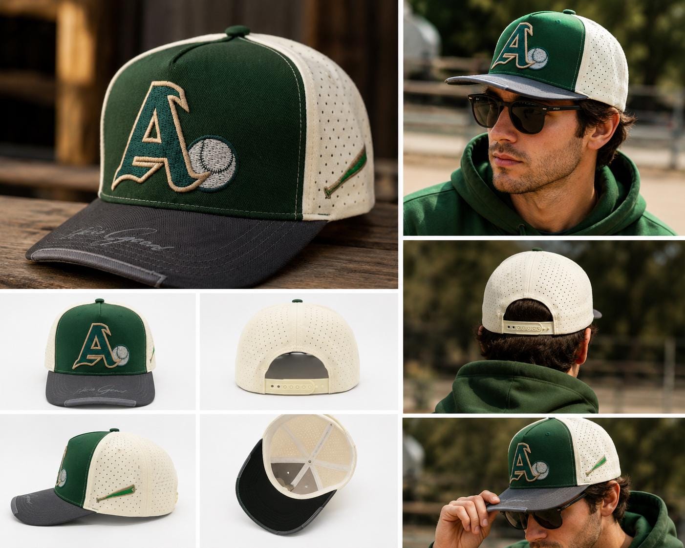 Vintage A's Baseball Snapback Hat, Green Cream Performance Cap, Embroidered Athletics Logo