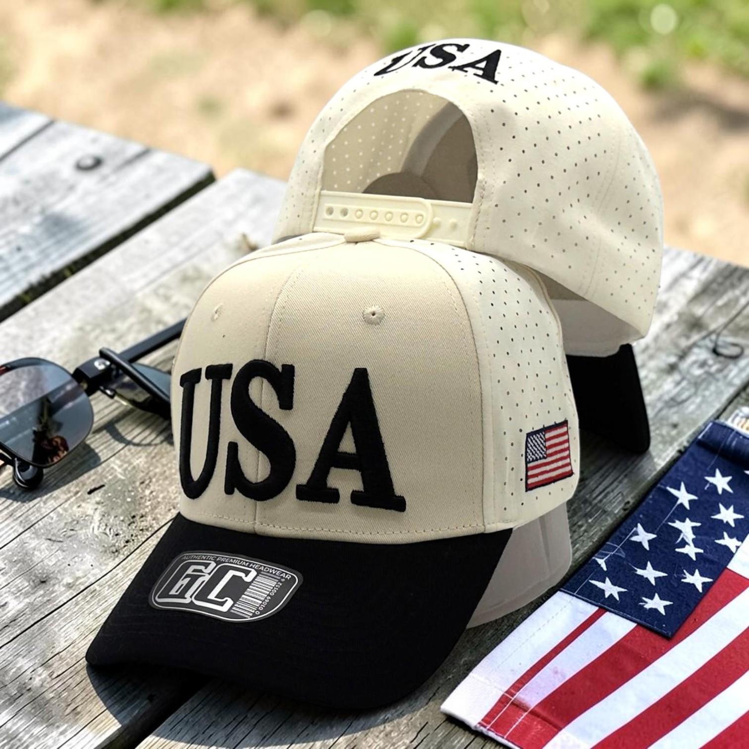USA Embroidered Snapback Hat | Cream Black American Flag Cap, Breathable Performance Baseball Style