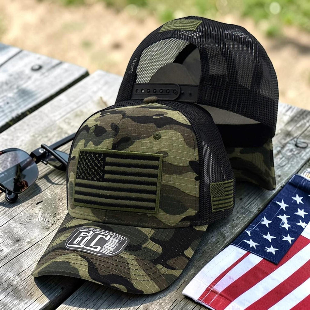 3D American Flag Camo Trucker Hat | Tactical USA Snapback Cap | Black Mesh Camouflage Baseball Hat | Patriotic Military Style Hat