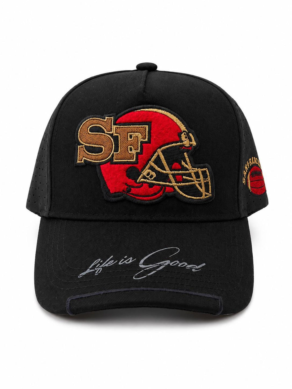 SF Football Helmet Embroidered Snapback Hat | Black Trucker Cap | Game Day Apparel