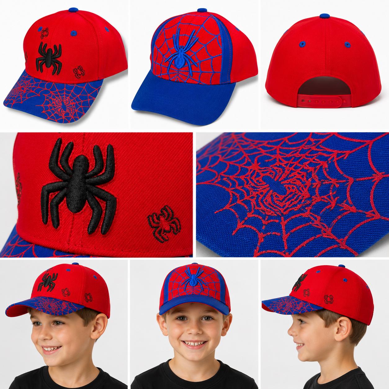 Kids Spider Web Baseball Cap | Youth Red & Blue Snapback Hat | Embroidered Spider Design Cap | Adjustable Children’s Hat | Superhero Inspire