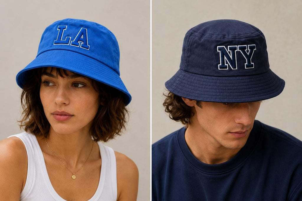 Navy Blue Embroidered NY Bucket Hat | Cotton Travel Sun Fisherman Cap