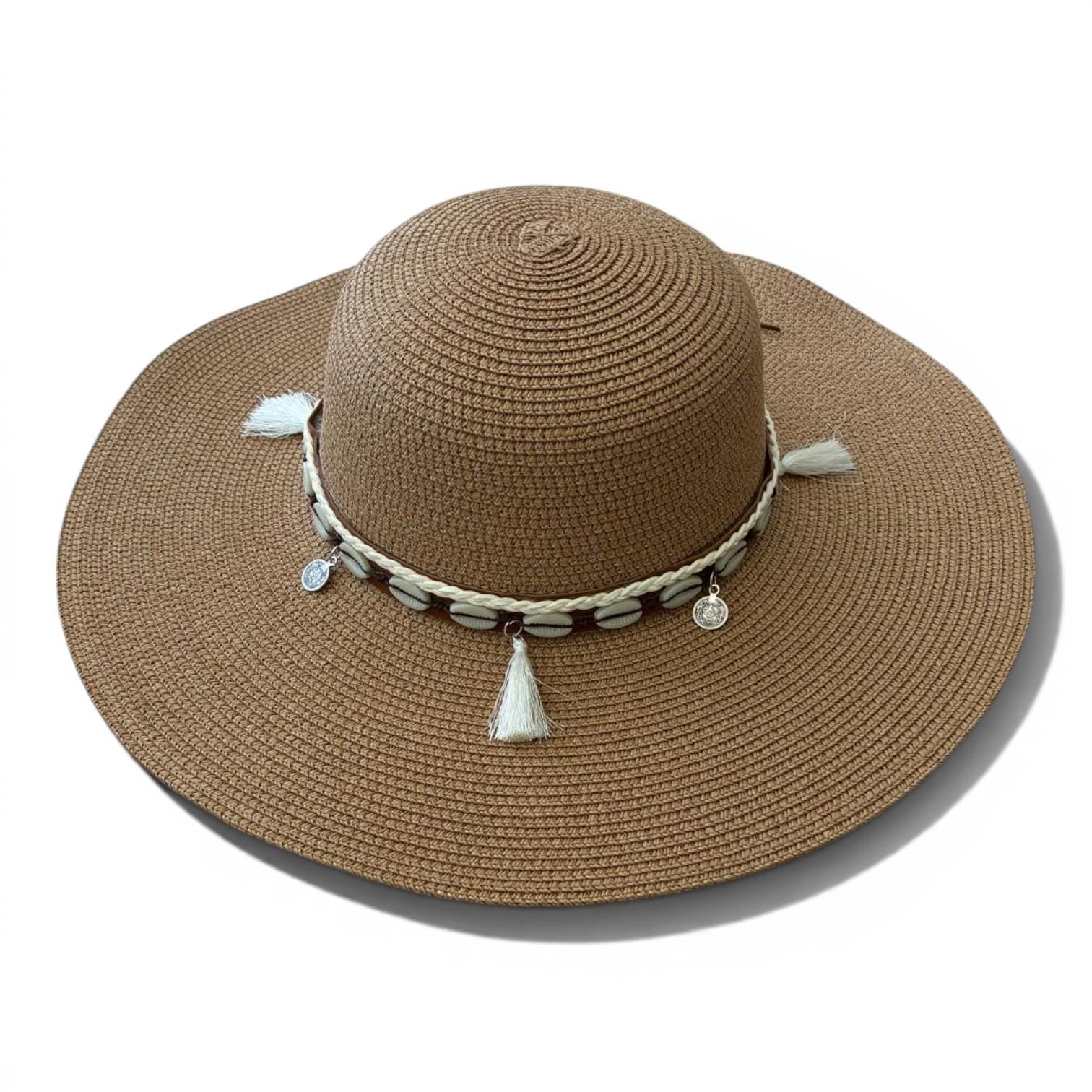 Boho Wide Brim Sun Hat with Shell Tassels | Beach Straw Vacation Accessory