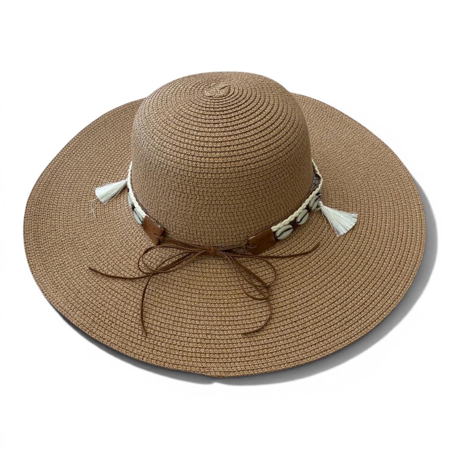 Boho Wide Brim Sun Hat with Shell Tassels | Beach Straw Vacation Accessory