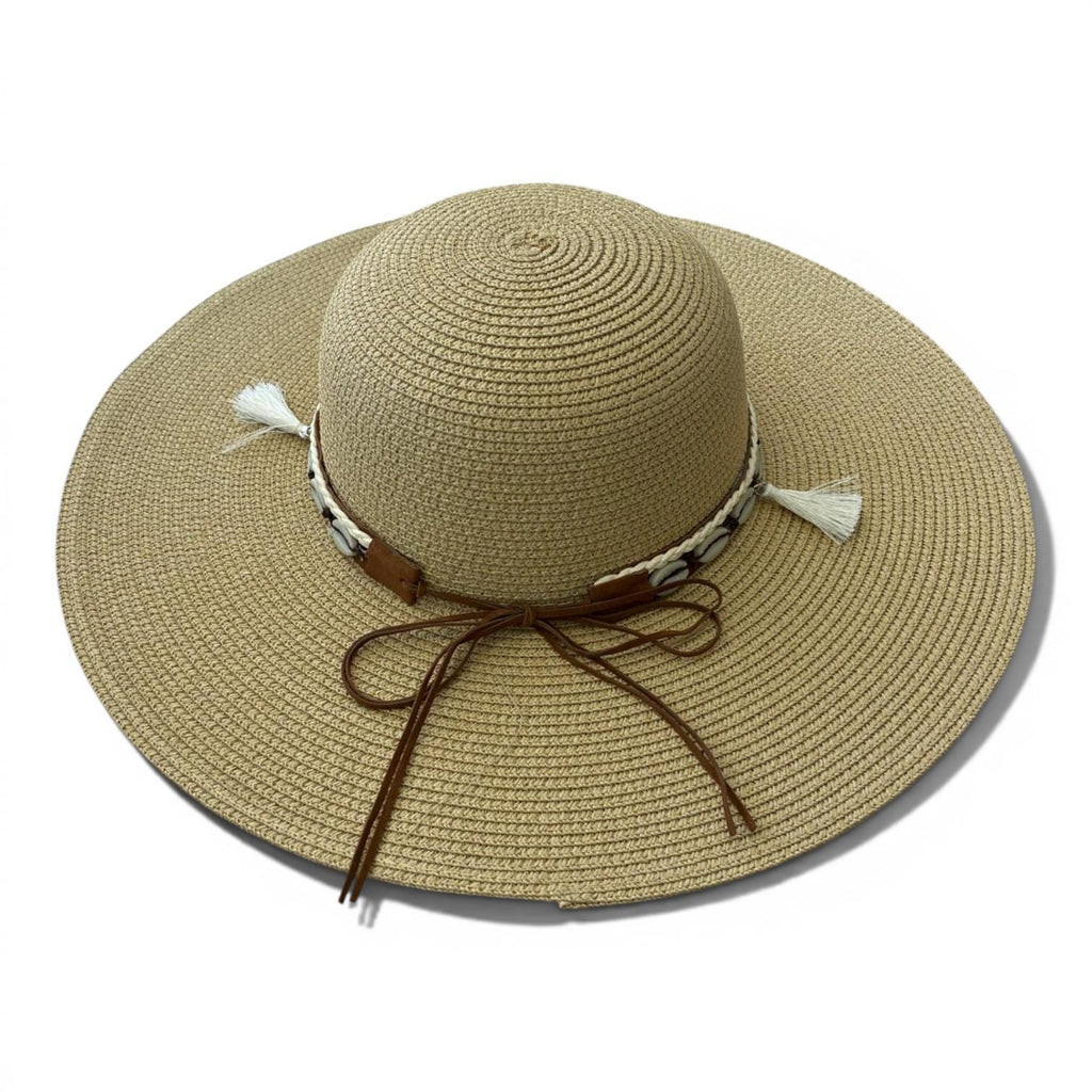 Boho Wide Brim Straw Hat with Shell Tassels | Beach Vacation Sun Hat
