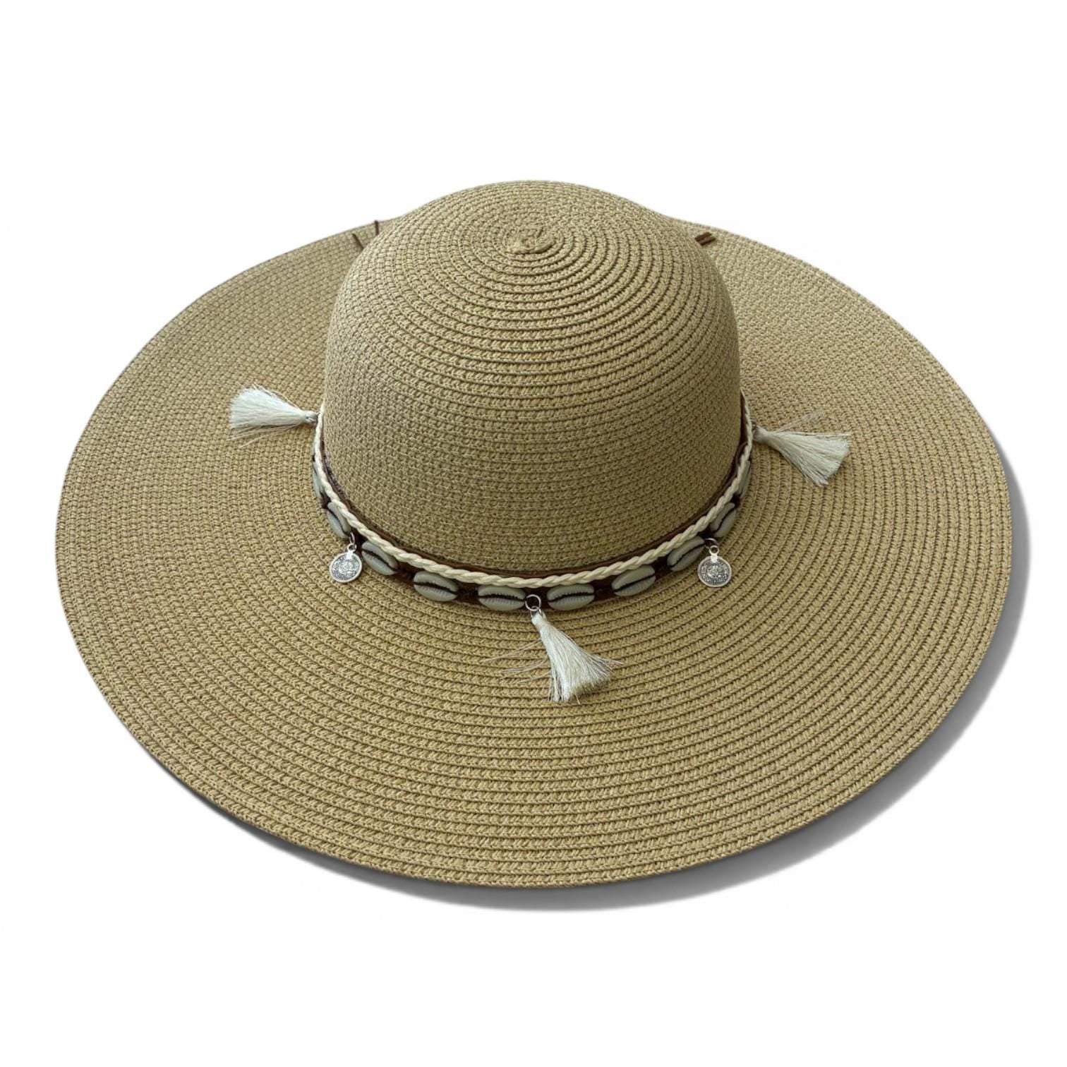 Boho Wide Brim Straw Hat with Shell Tassels | Beach Vacation Sun Hat
