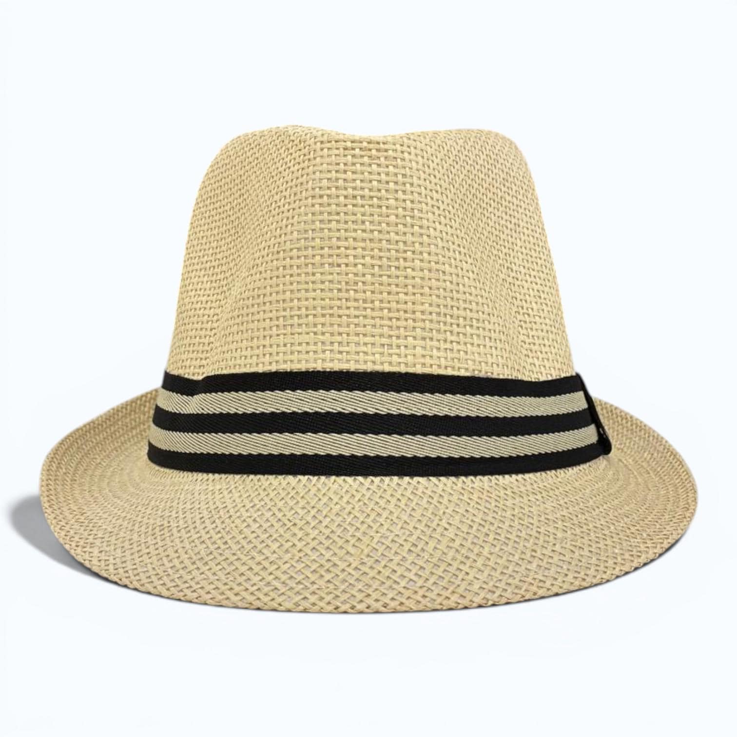 Natural Straw Fedora Hat | Unisex Summer Trilby with Black Stripe Band