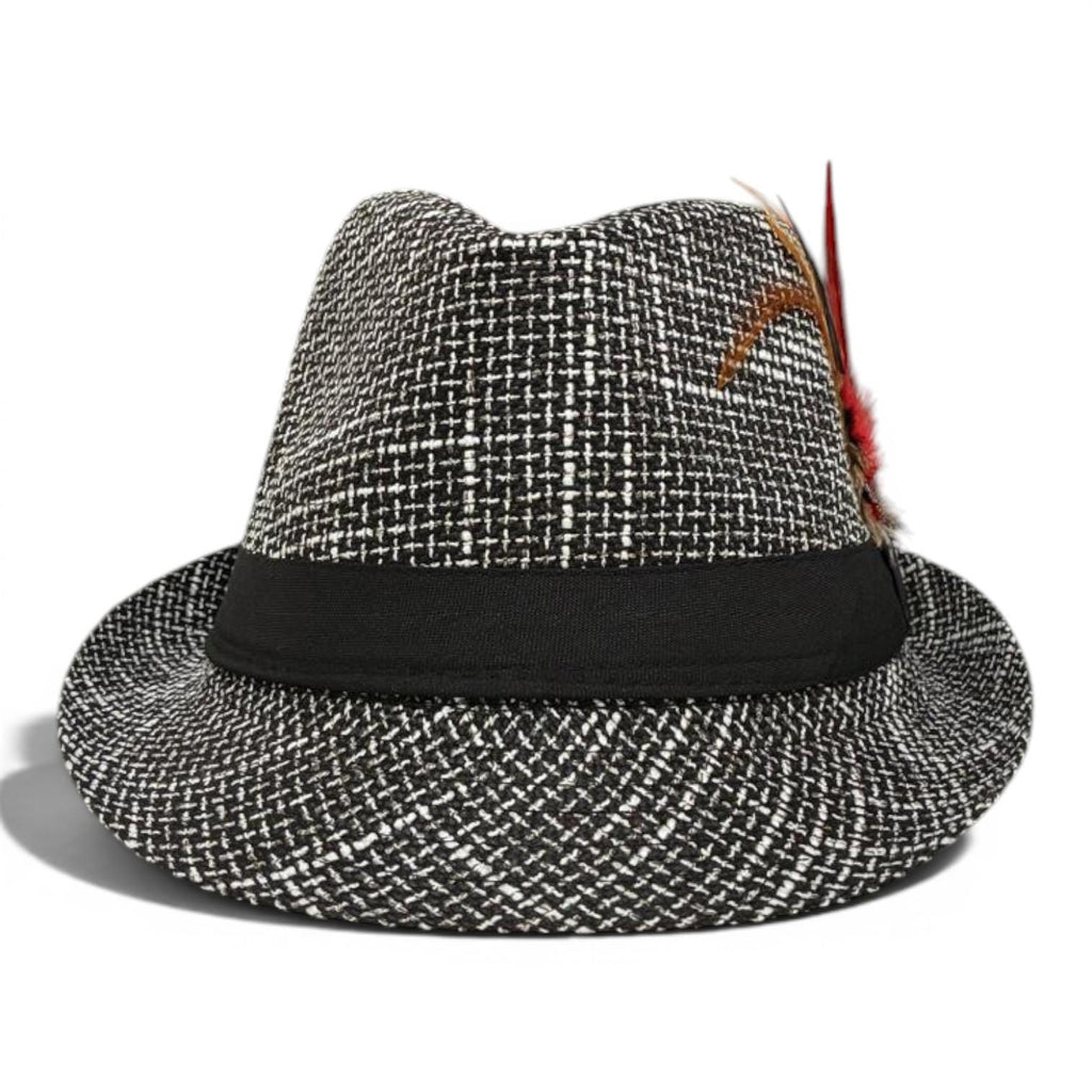 Black White Tweed Fedora Hat | Feather Accent Trilby, Vintage Inspired Fashion