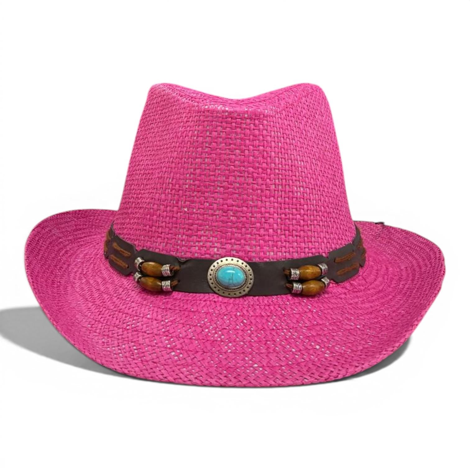 Hot Pink Straw Cowboy Hat | Turquoise Concho Western Band, Wooden Beads