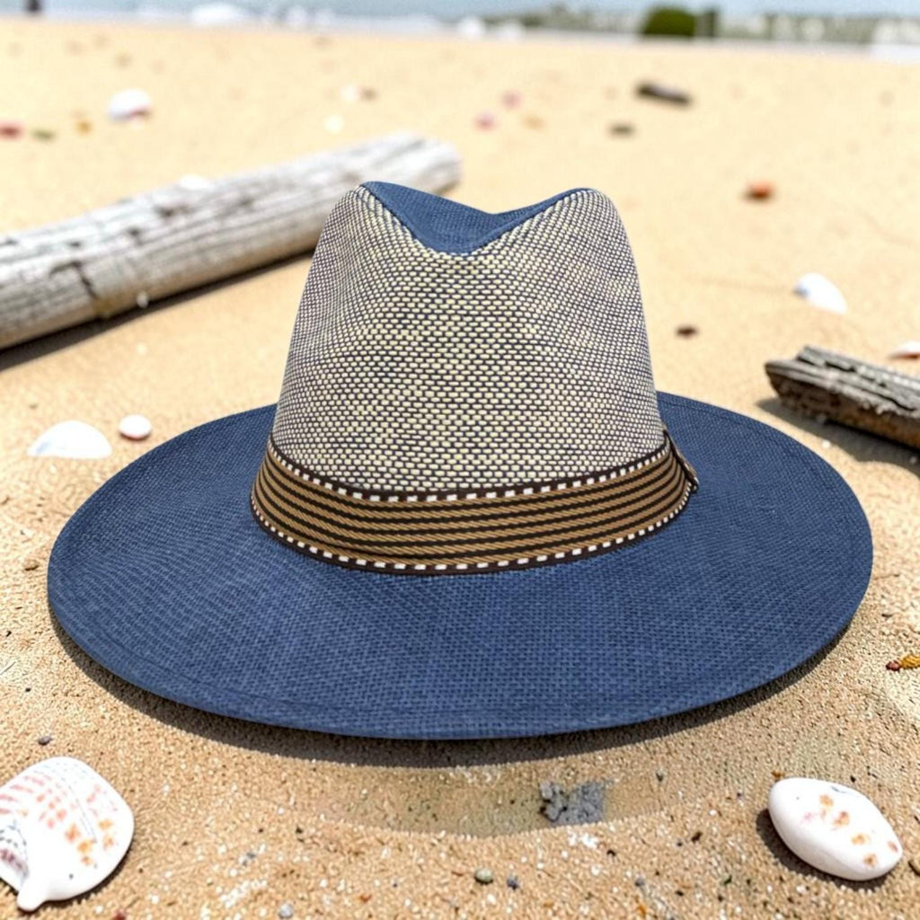 Two-Tone Blue Wide Brim Fedora Hat | Woven Straw Sun Hat, Resort Wear
