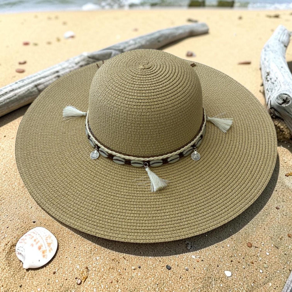 Boho Wide Brim Straw Hat with Shell Tassels | Beach Vacation Sun Hat