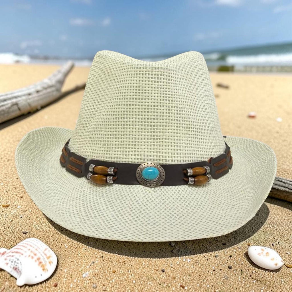 White Straw Cowboy Hat | Turquoise Concho Western Band, Beach Style