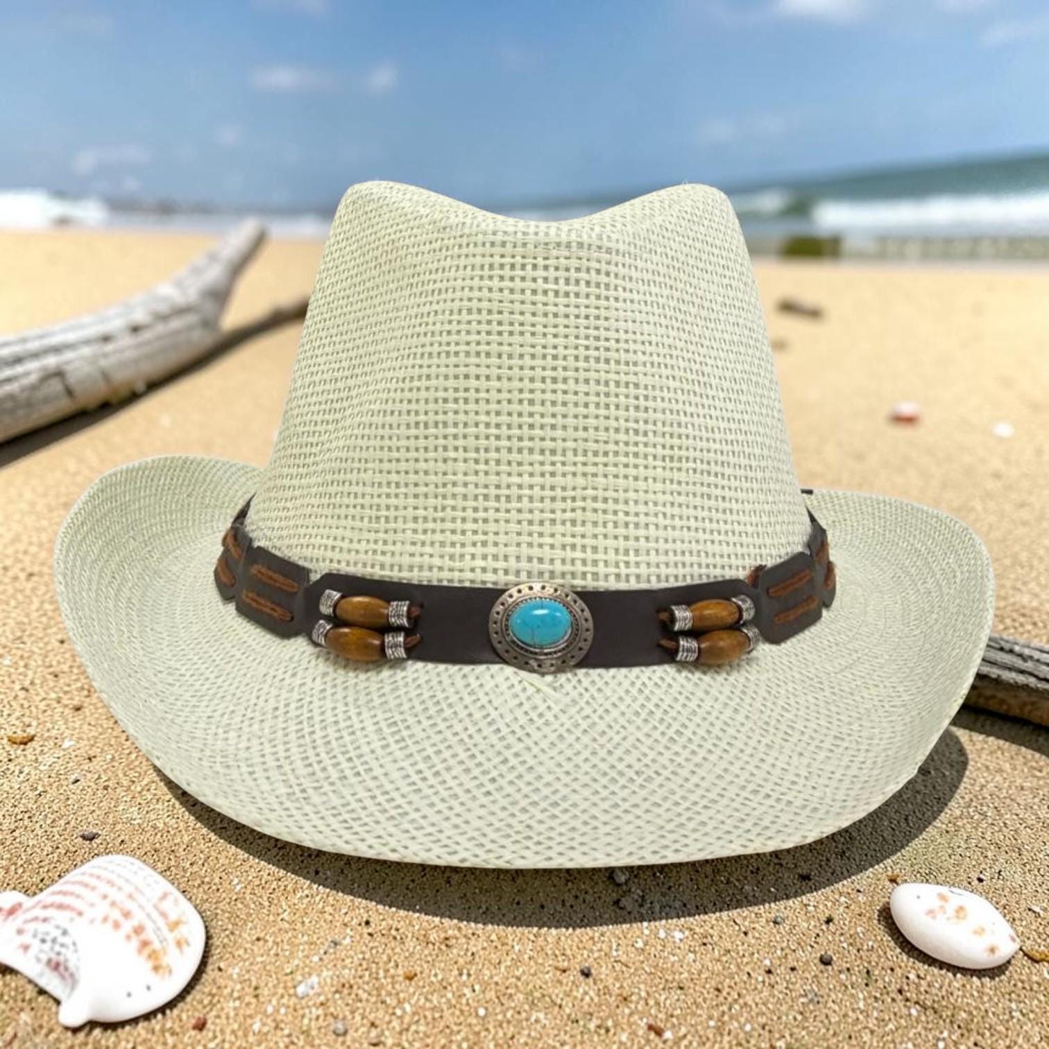 White Straw Cowboy Hat | Turquoise Concho Western Band, Beach Style