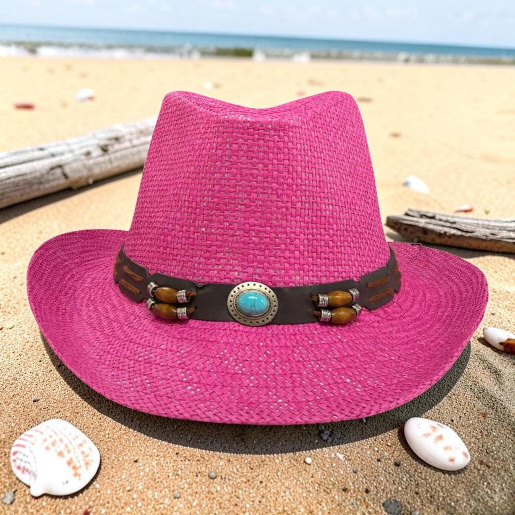 Hot Pink Straw Cowboy Hat | Turquoise Concho Western Band, Wooden Beads