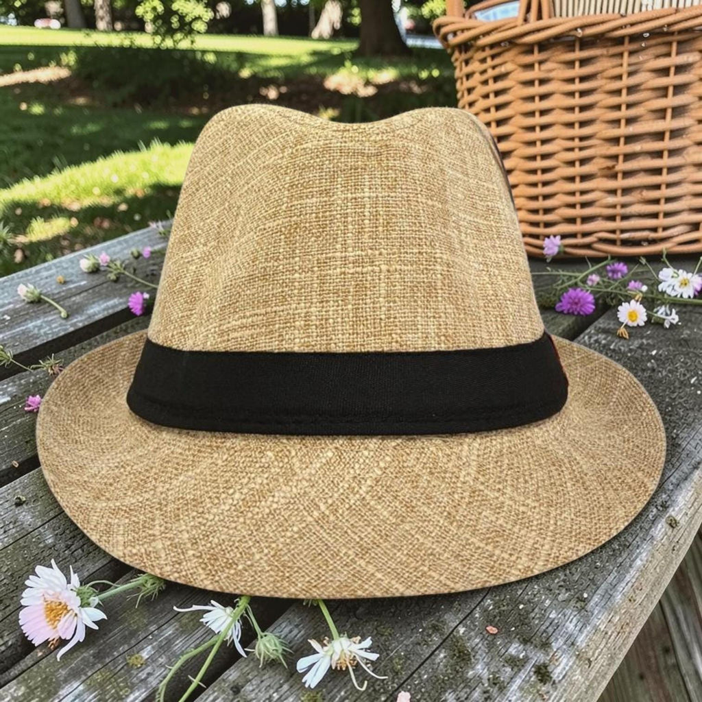 Classic Tan Fedora Hat | Lightweight Straw Trilby, Black Band, Unisex Summer Beach Vacation Accessory