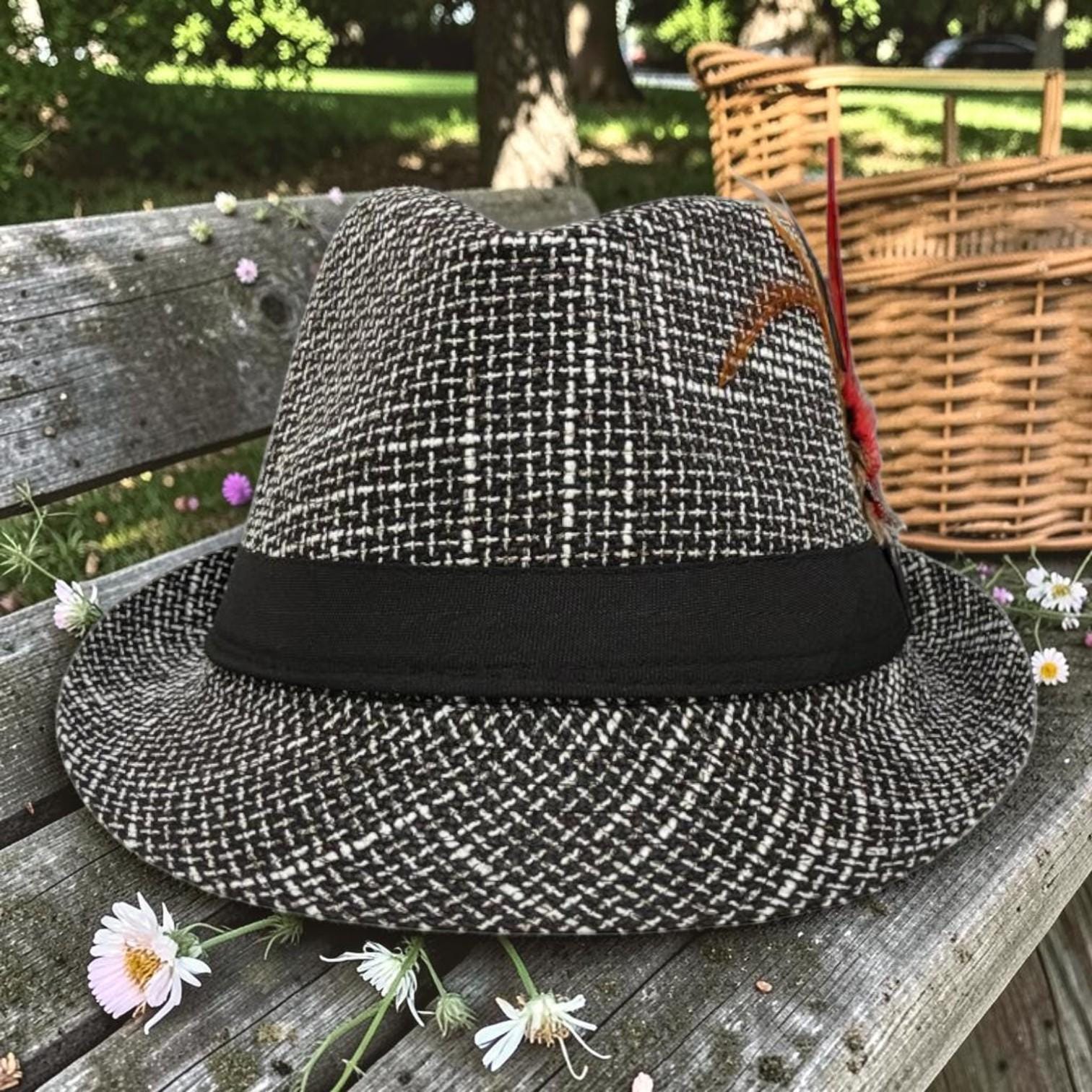 Black White Tweed Fedora Hat | Feather Accent Trilby, Vintage Inspired Fashion