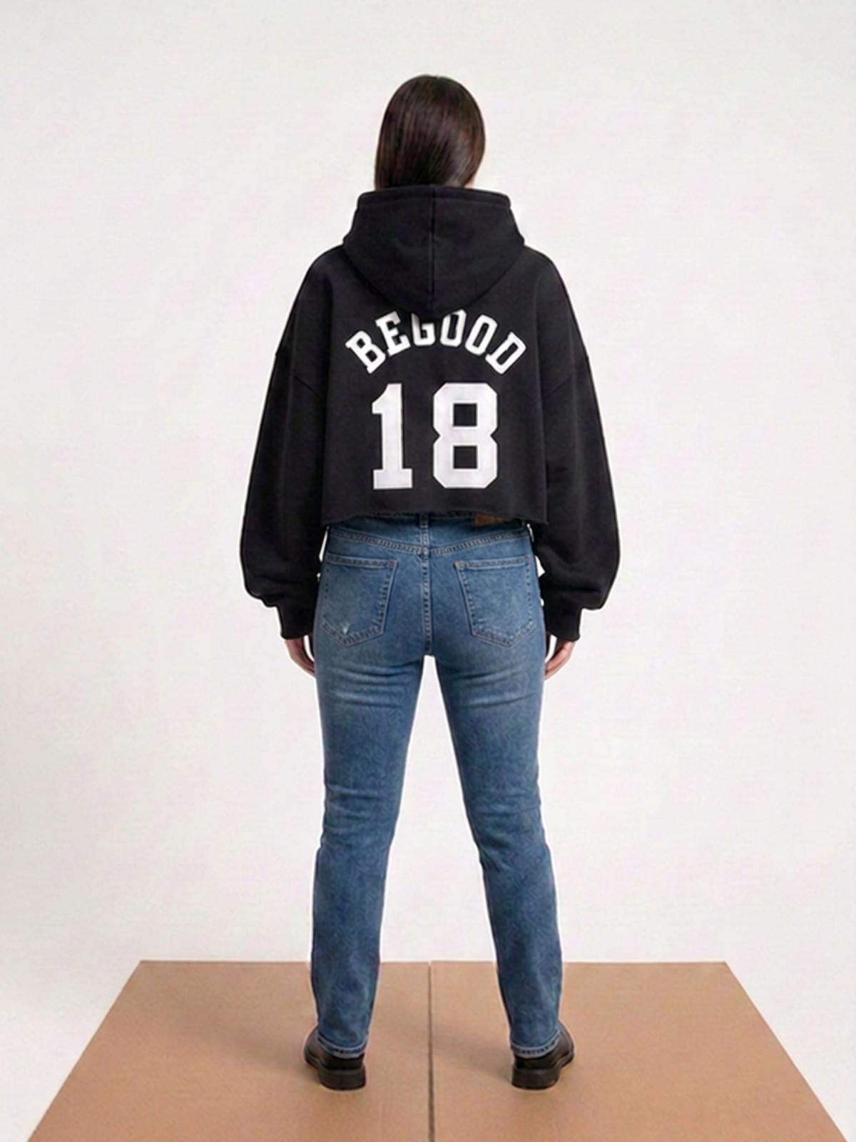 BeGood 18 Cropped Hoodie | Oversized Varsity Back Print Sweatshirt | Streetwear Pull