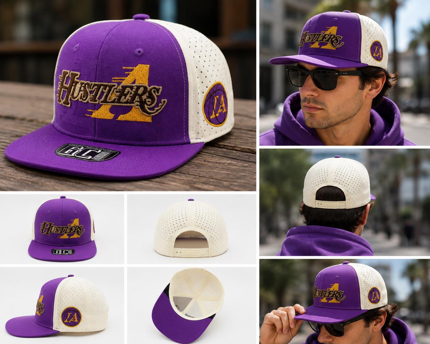 Vintage LA Hustlers Snapback Hat, Embroidered Basketball Cap, Purple Gold Streetwear
