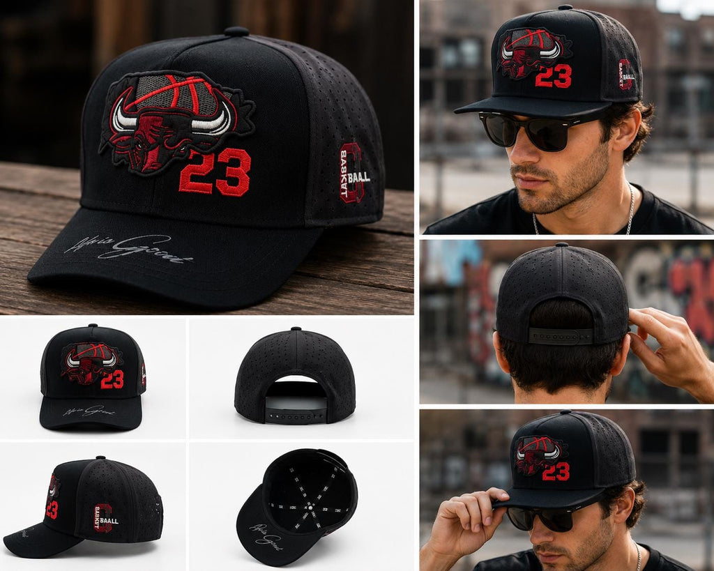 Vintage Bulls 23 Snapback Hat, Embroidered Basketball Cap, Black Red Performance Fabric