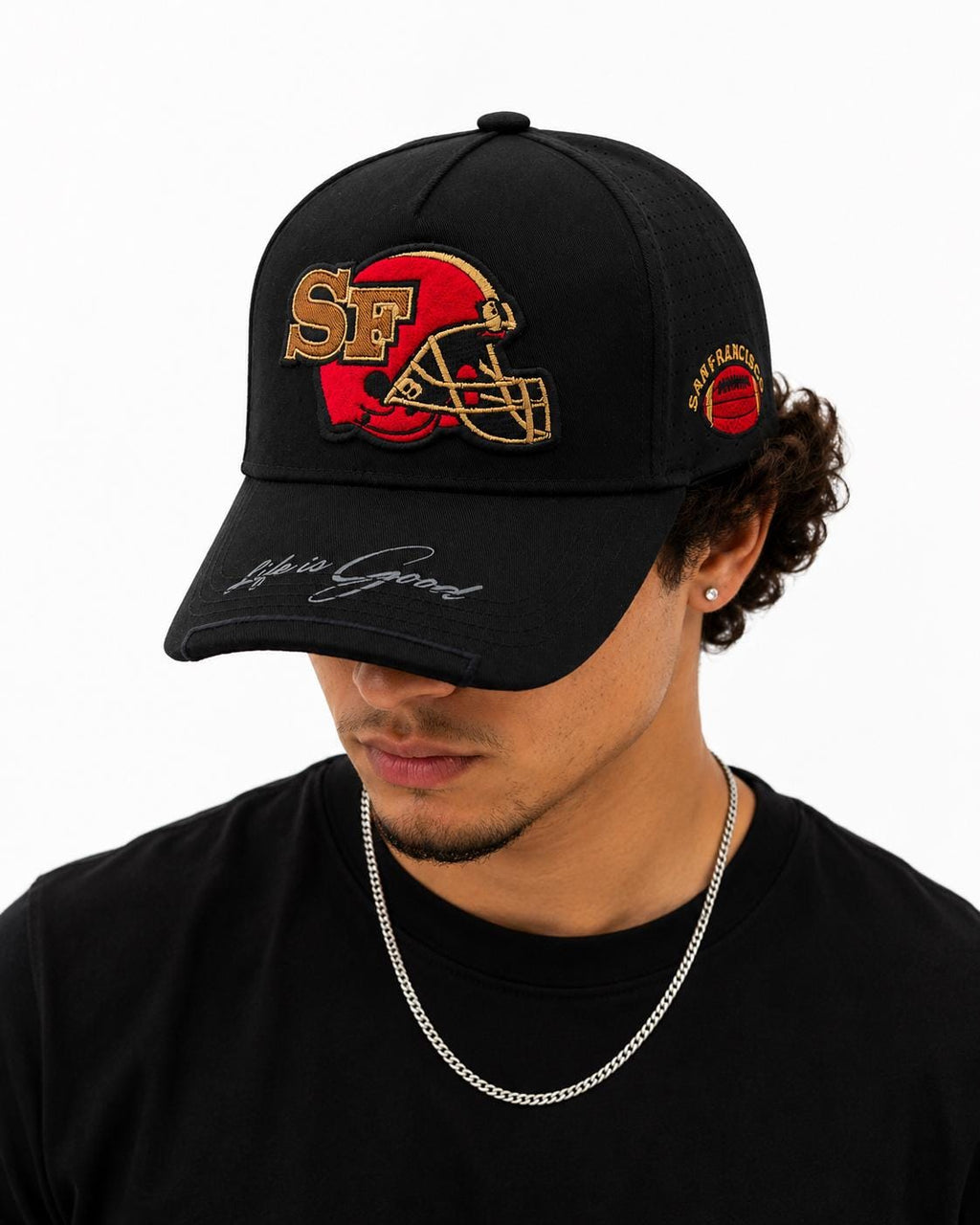 SF Football Helmet Embroidered Snapback Hat | Black Trucker Cap | Game Day Apparel