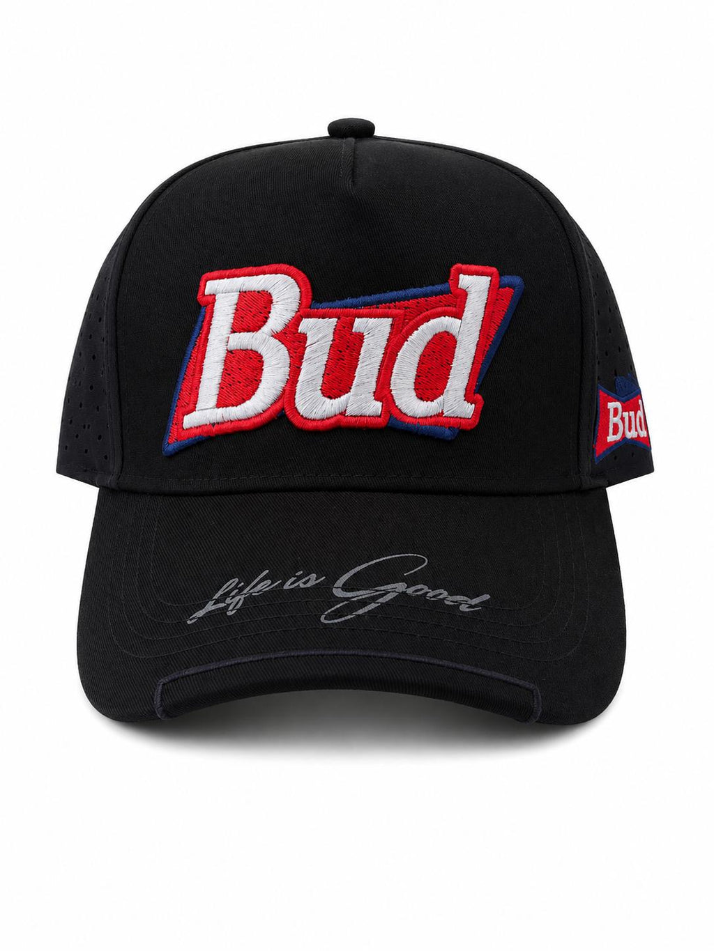 Bud Embroidered Snapback Hat | Black Trucker Baseball Cap