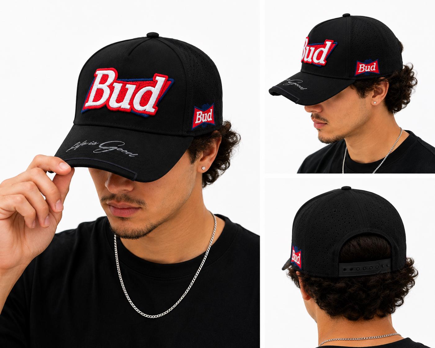 Bud Embroidered Snapback Hat | Black Trucker Baseball Cap