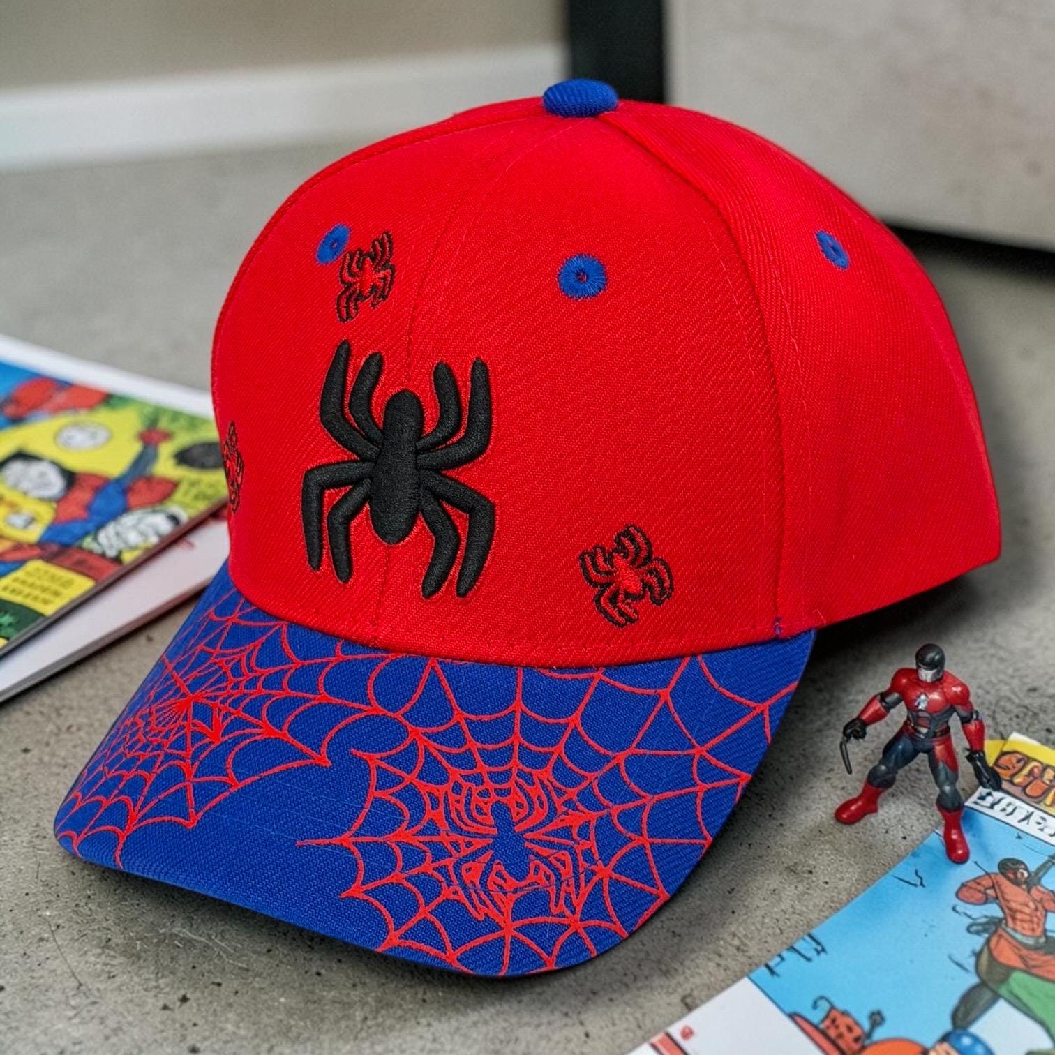 Kids Spider Web Baseball Cap | Youth Red & Blue Snapback Hat | Embroidered Spider Design Cap | Adjustable Children’s Hat | Superhero Inspire