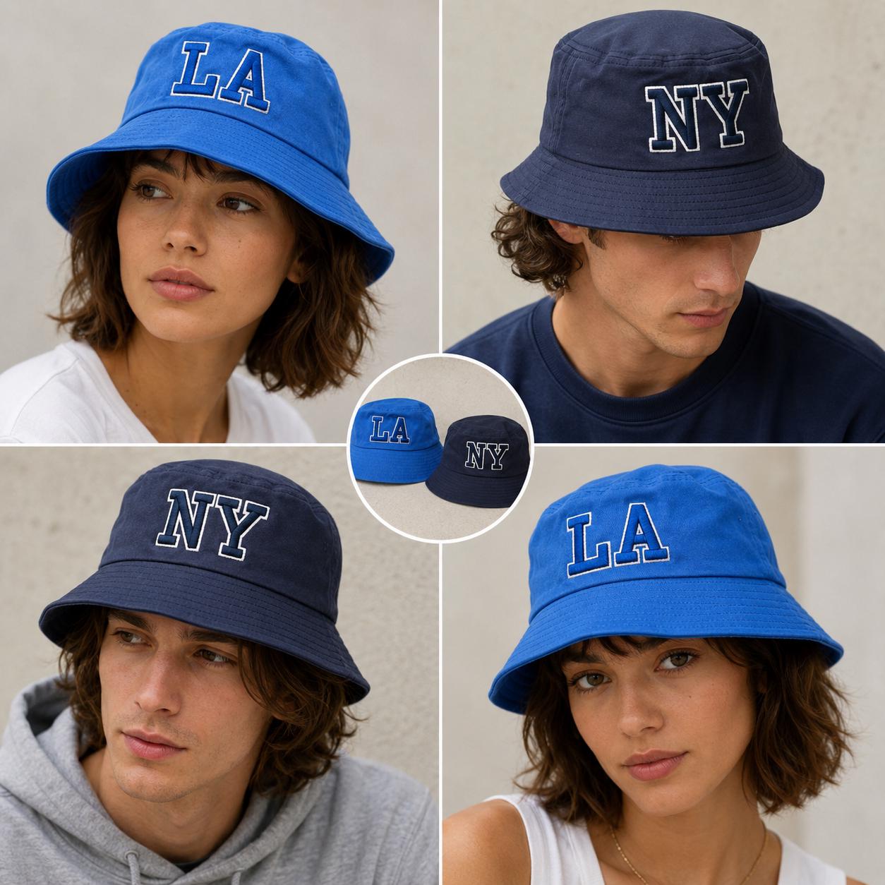 Navy Blue Embroidered NY Bucket Hat | Cotton Travel Sun Fisherman Cap