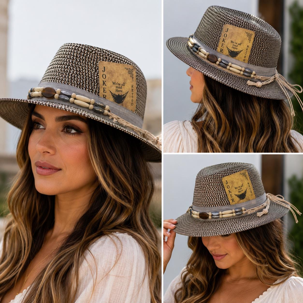 Women's Boho Wide Brim Straw Fedora Hat with Beaded Band & Joker Card Accent – UV Sun Hat