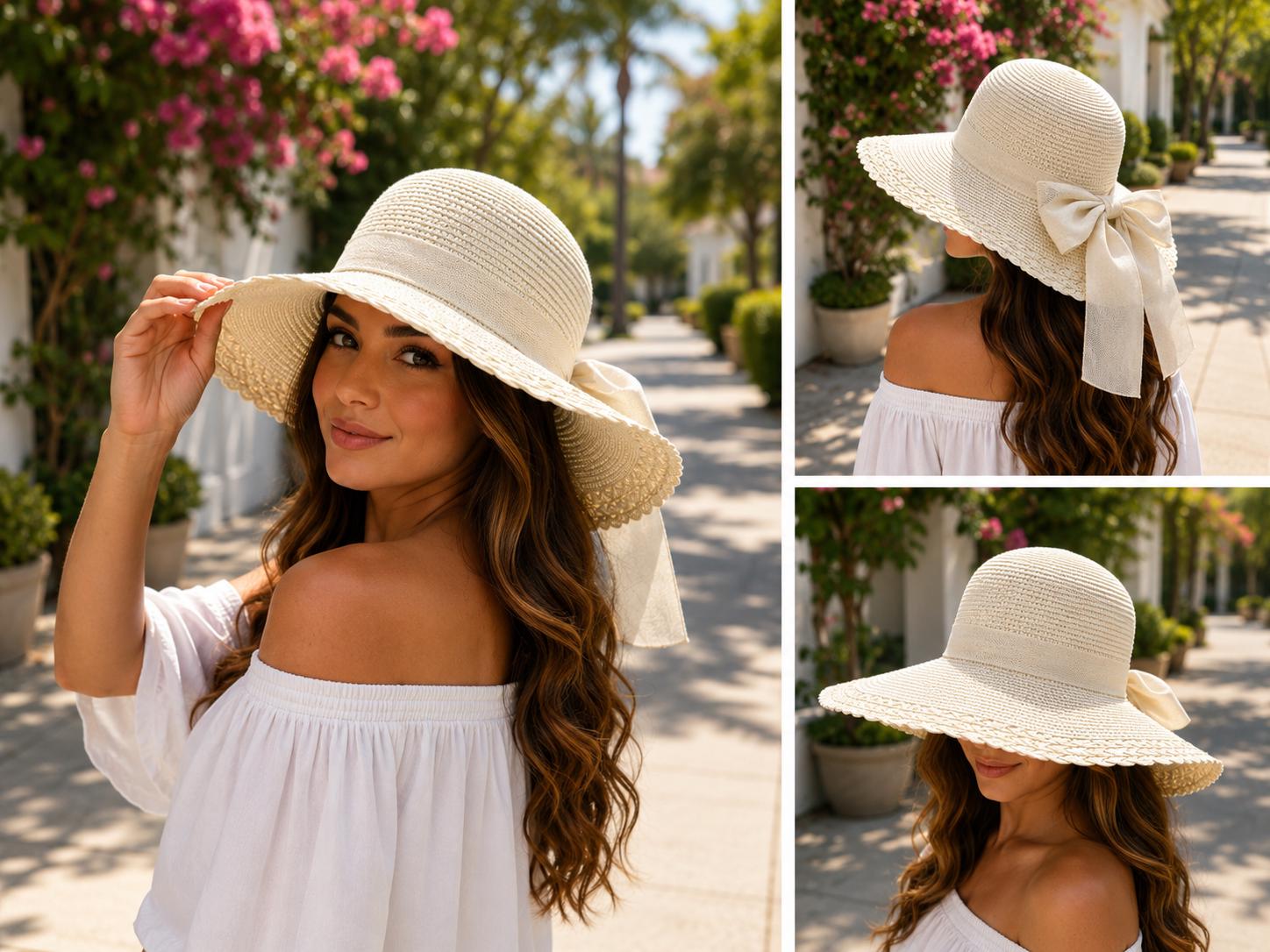 Women's Wide Brim Sun Hat with Bow – UV Protection Summer Beach Hat