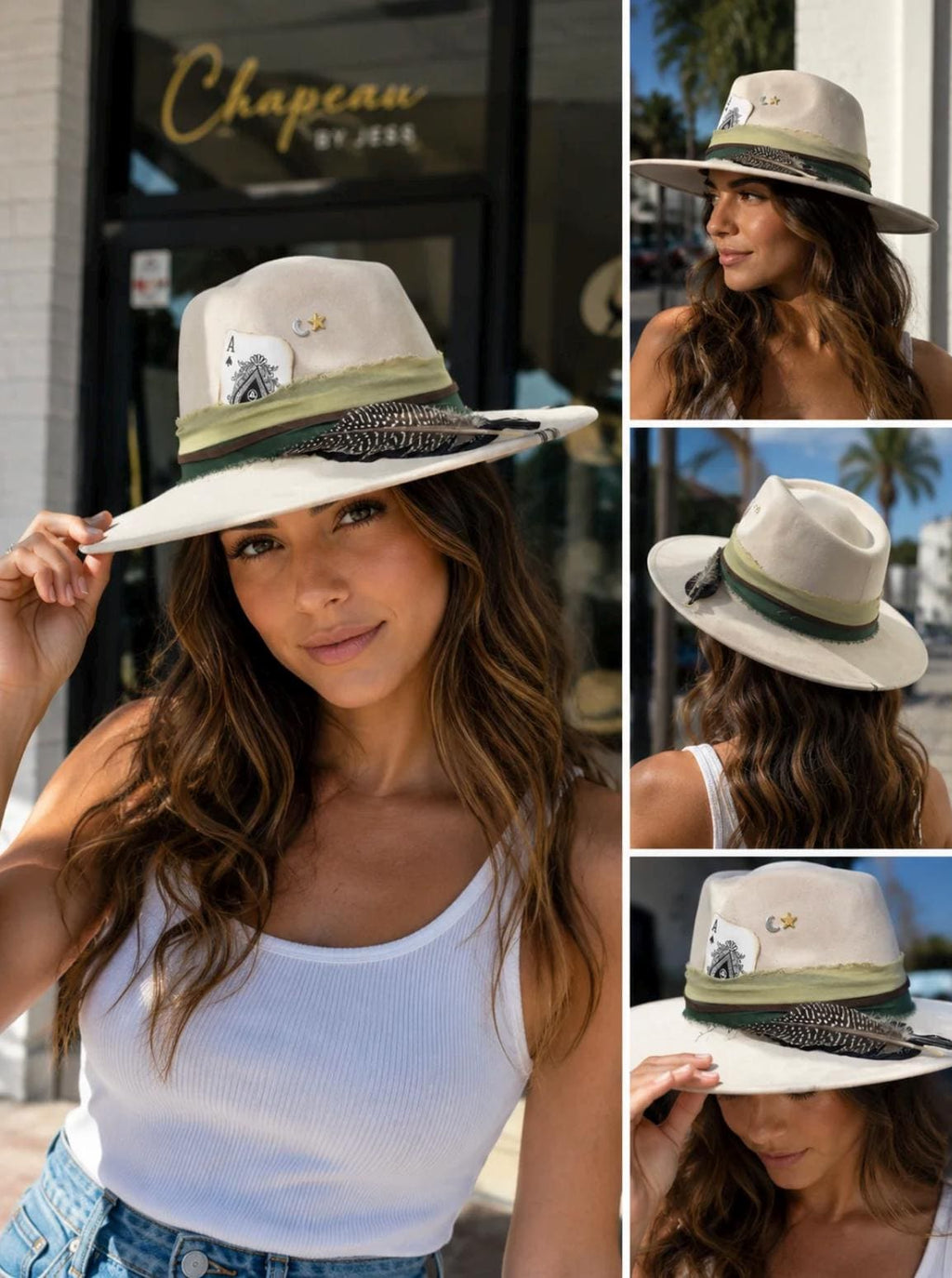 Off white Wide Brim Fedora Hat – Premium Suede Western Boho Hat with Feather, Denim & Chain Band