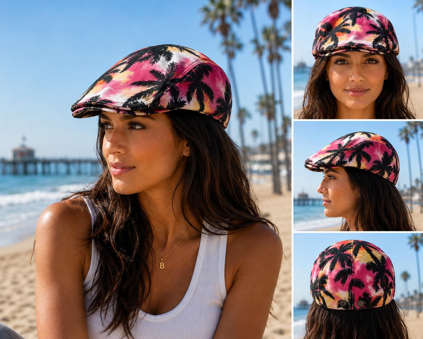 Palm Tree Print Flat Cap | Vintage Ivy Hat | Adjustable Unisex Cap