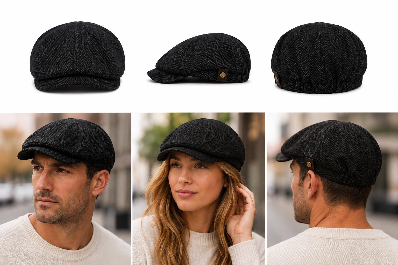 Charcoal Herringbone Newsboy Cap | Classic Tweed Ivy Flat Cap