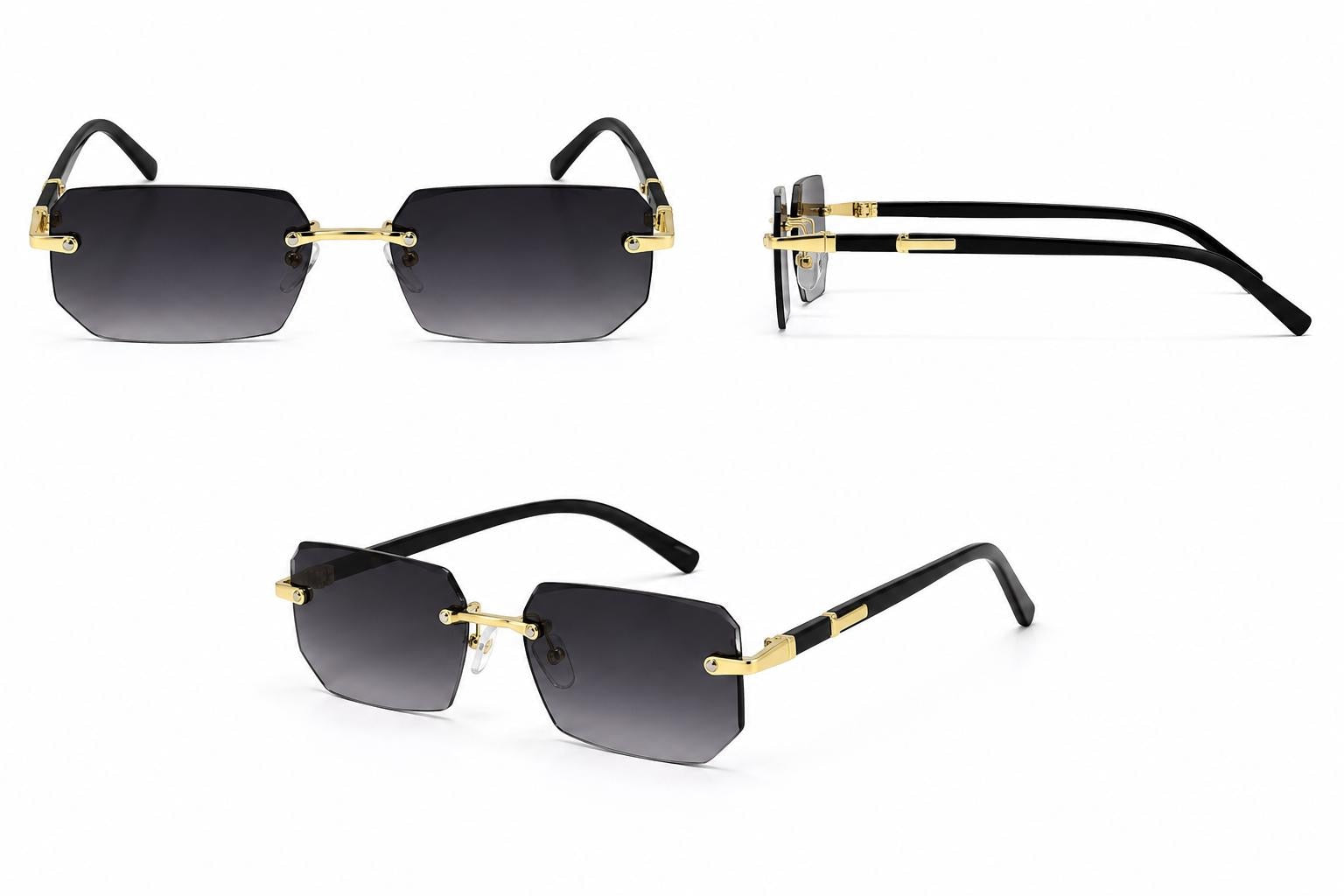 Luxury Rimless Rectangle Sunglasses | Gold Metal Frame | UV400 Fashion Shades for Men & Women