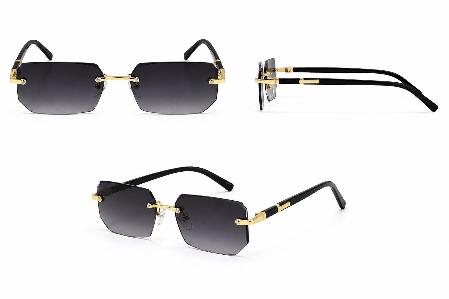 Luxury Rimless Rectangle Sunglasses | Gold Metal Frame | UV400 Fashion Shades for Men & Women