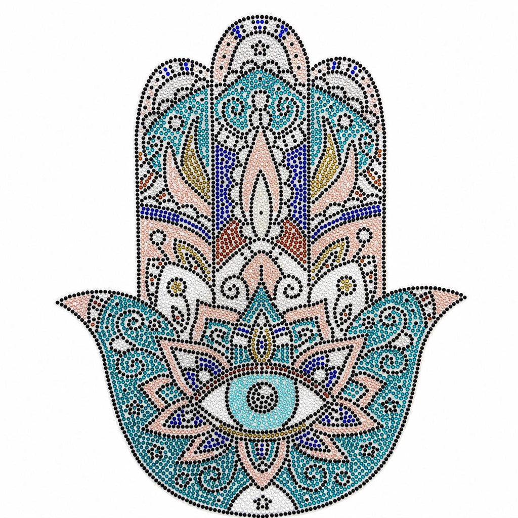 Rhinestone Hamsa Hand Iron-On Heat Transfer | Evil Eye Crystal Decal | Blue Boho Applique for Sweatshirts, Hoodies & T-Shirts