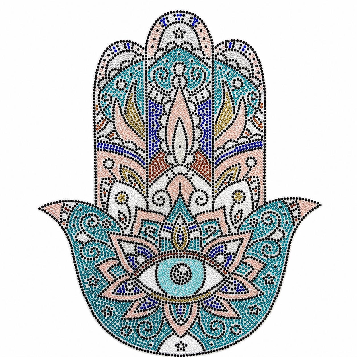 Rhinestone Hamsa Hand Iron-On Heat Transfer | Evil Eye Crystal Decal | Blue Boho Applique for Sweatshirts, Hoodies & T-Shirts