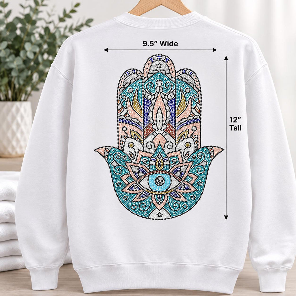 Rhinestone Hamsa Hand Iron-On Heat Transfer | Evil Eye Crystal Decal | Blue Boho Applique for Sweatshirts, Hoodies & T-Shirts