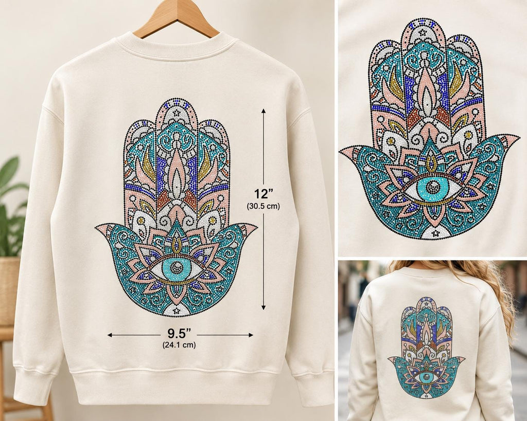 Rhinestone Hamsa Hand Iron-On Heat Transfer | Evil Eye Crystal Decal | Blue Boho Applique for Sweatshirts, Hoodies & T-Shirts