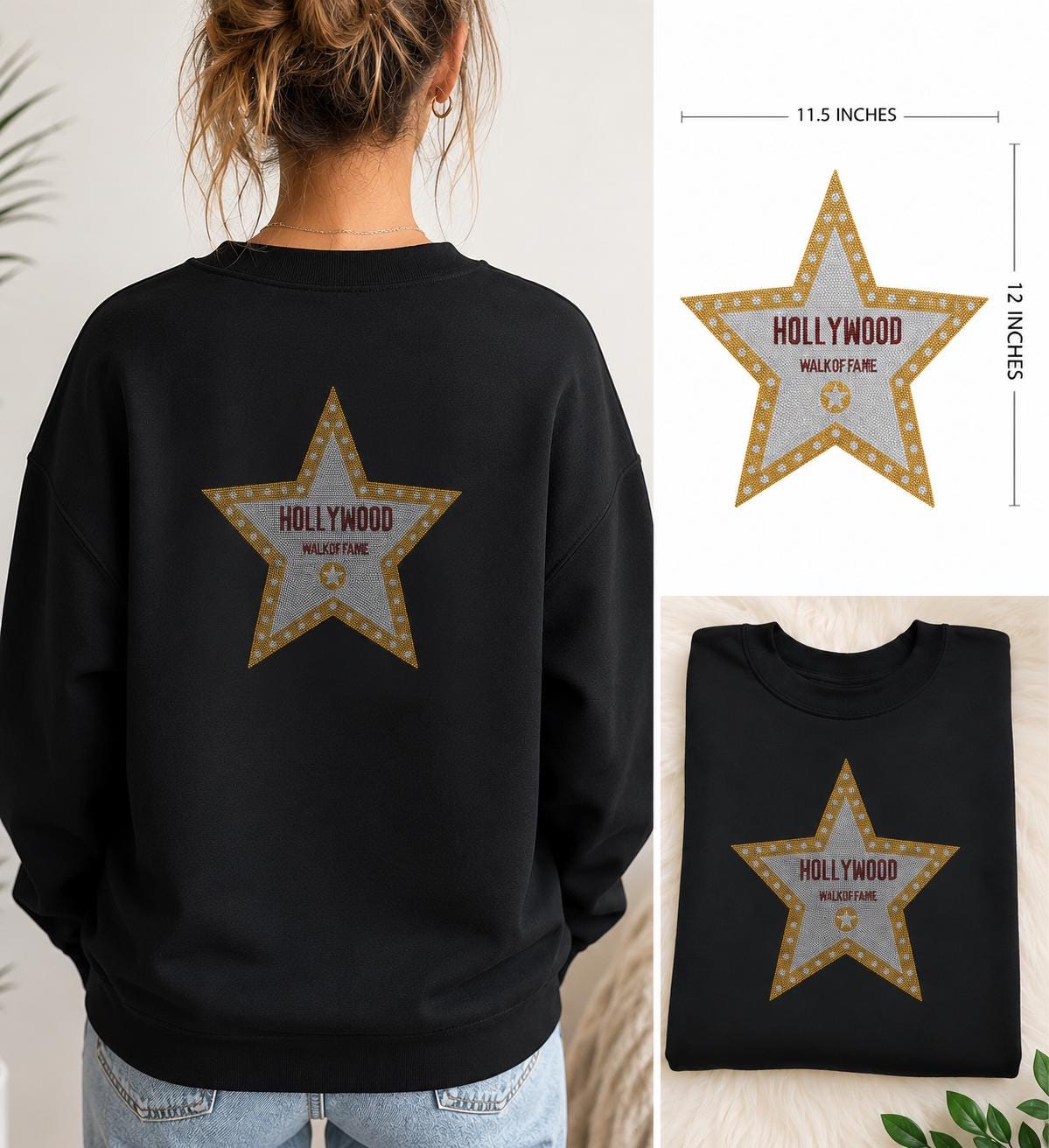 Hollywood Walk of Fame Rhinestone Heat Transfer | Gold & Silver Star Iron-On Decal | Bling Crystal Appliqué