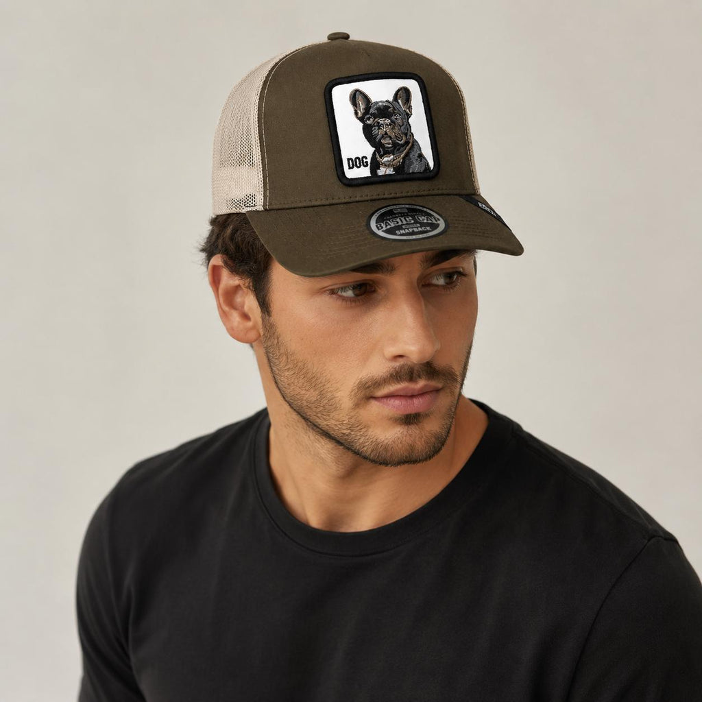 French Bulldog Trucker Hat | Olive & Khaki Mesh Snapback Cap | Embroidered Dog Patch Baseball Hat | Adjustable Unisex Outdoor Cap