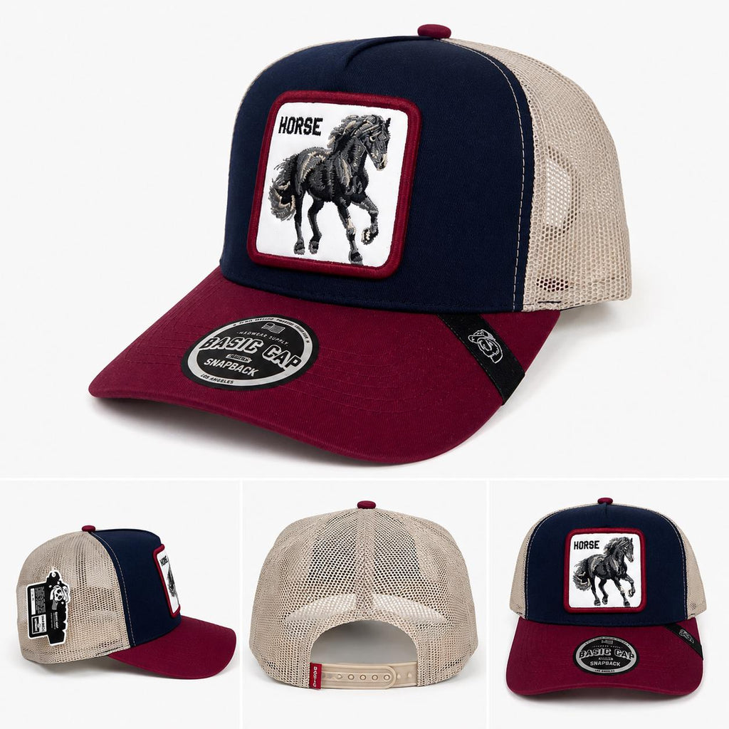 Horse Embroidered Trucker Snapback Hat | Navy & Burgundy Mesh Baseball Cap | Adjustable Western Animal Patch Cap | Unisex Casual Outdoor Hat